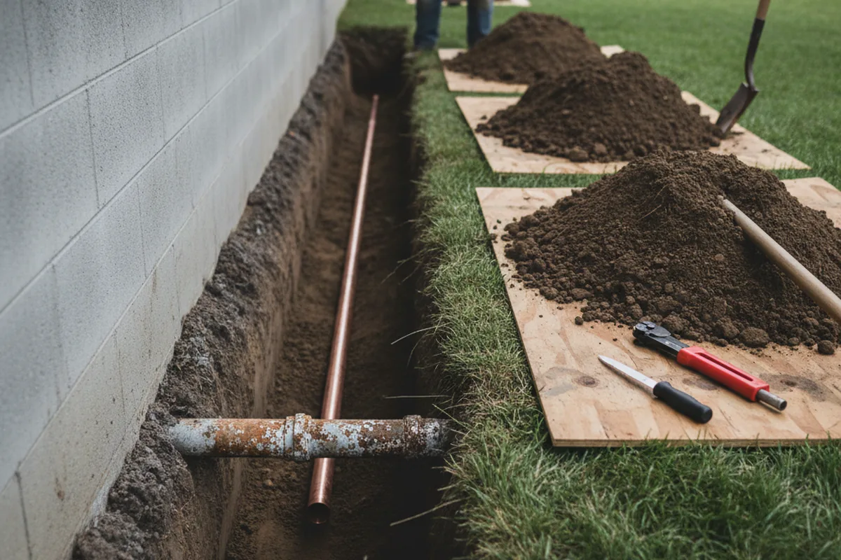 Excavated water line trench during Sewer Line Repair in Selkirk